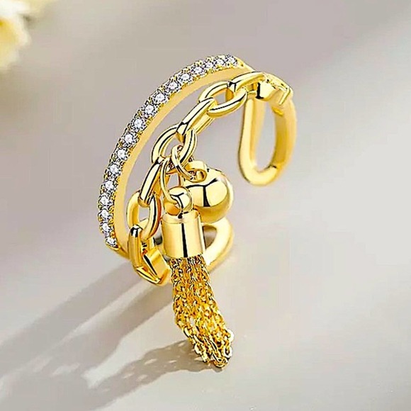 Tassel Ball Drop Gold Filled Double Stack Ring - Picture 3 of 4